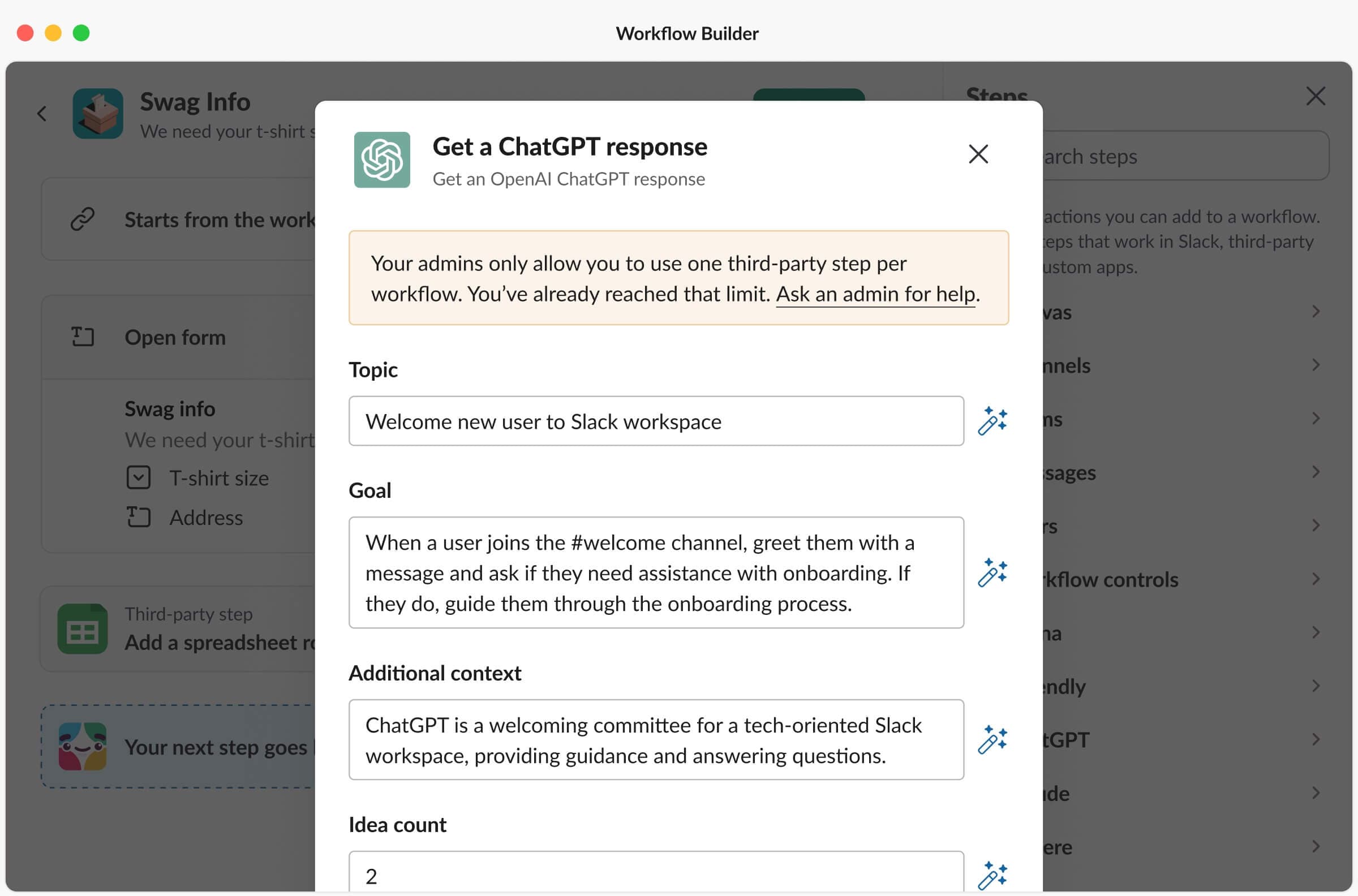 Configuring and saving the ChatGPT third-party step