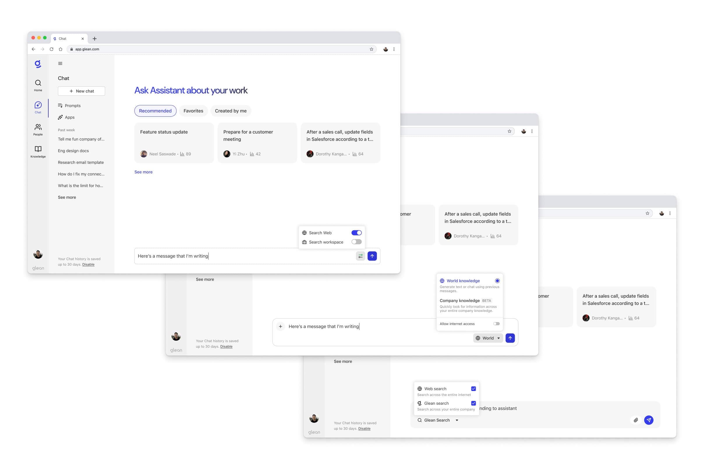 Design explorations of writing, company search, web search, and pro search modes